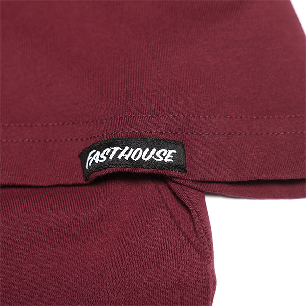 Studio photo on a white background of Fasthouse Chalet Tee; showing tee fit, printed graphics, and crew neckline; SKU 3296240104; Colors: Maroon, Black