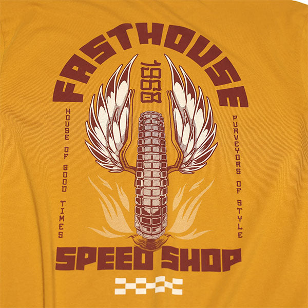 Studio photo on a white background of Fasthouse Iron Steed Tee; showing tee fit, printed graphics, and crew neckline; SKU 3296220504; Sizes: S-3XL