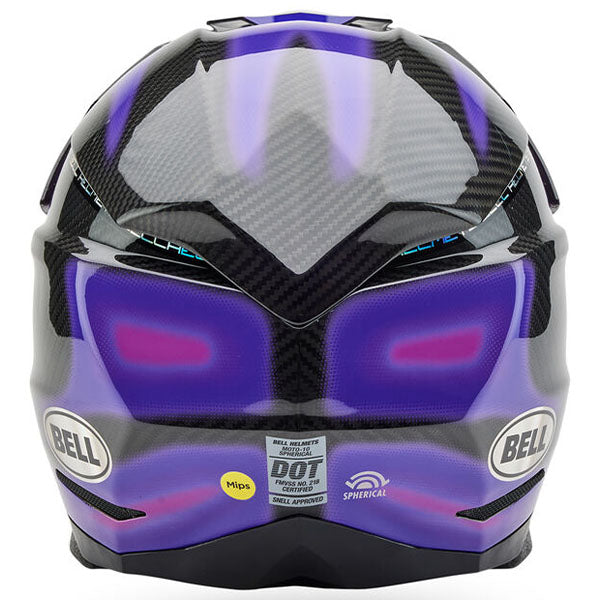motorcycle helmet, rear view, showing aerodynamic shell design, ventilation ports, and secure retention system built for rider comfort and protection