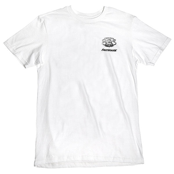 High-resolution studio image of Fasthouse 805 Luster Tee; showing tee fit, printed graphics, and crew neckline; SKU 3610250504; Colors: Black, White