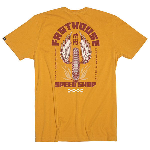 Crisp studio image on a white background of Fasthouse Iron Steed Tee; showing tee fit, printed graphics, and crew neckline; SKU 3296220504; Sizes: S-3XL