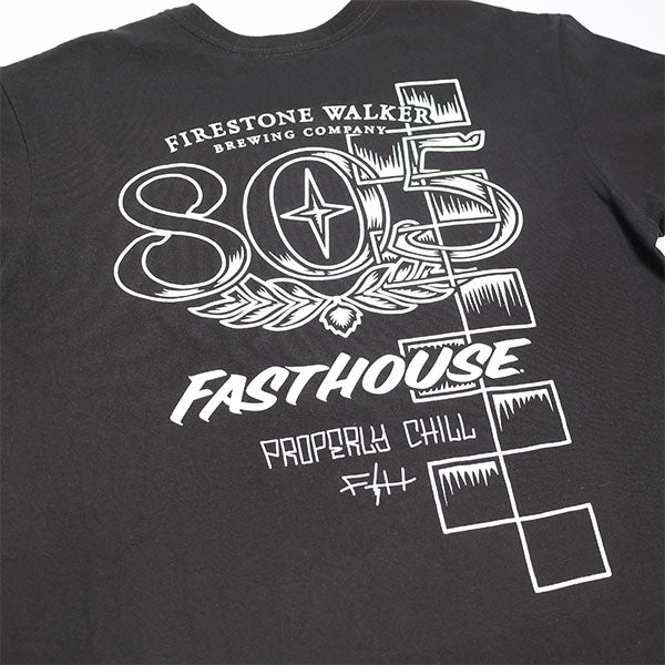 Clean studio shot of Fasthouse 805 Luster Tee; showing tee fit, printed graphics, and crew neckline; SKU 3610250504; Colors: Black, White; Sizes: S-3XL