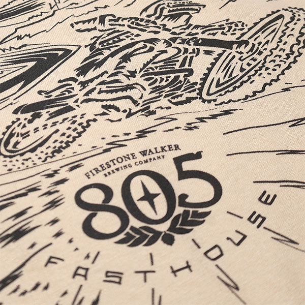 Clean studio shot of Fasthouse 805 Desert Run Tee; showing tee fit, printed graphics, and crew neckline; SKU 3610240304; Colors: Sand, Black