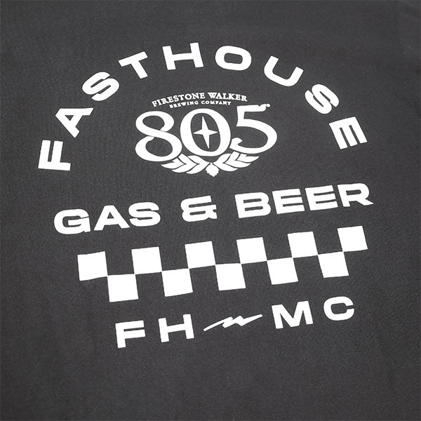 Studio photo on a white background of Fasthouse 805 Parallel Tee; showing tee fit, printed graphics, and crew neckline; SKU 3610280504; Sizes: S-3XL