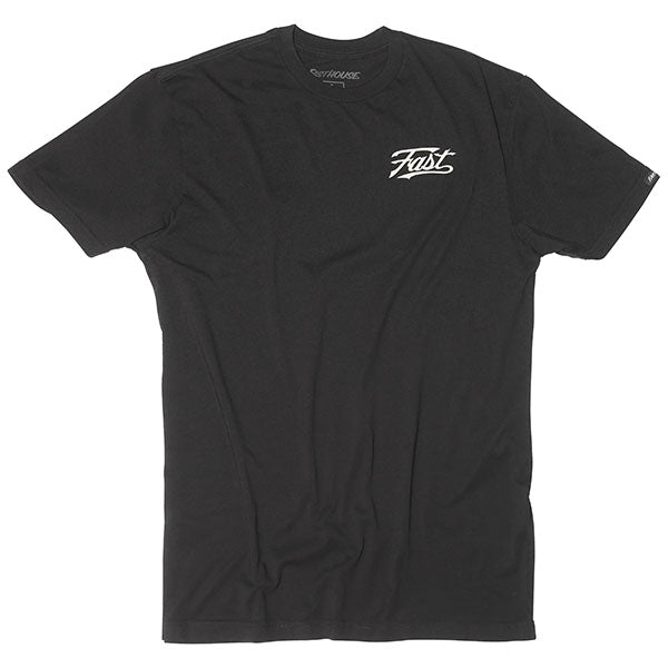 Studio photo on a white background of Fasthouse Carrera Tee; showing tee fit, printed graphics, and crew neckline; SKU 3296270404