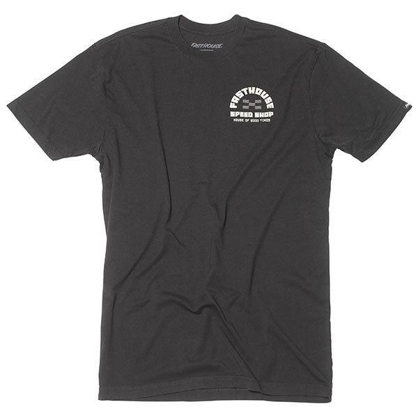 Professional studio photo of Fasthouse Iron Steed Tee; showing tee fit, printed graphics, and crew neckline; SKU 3296220504; Colors: Black, Vintage Gold