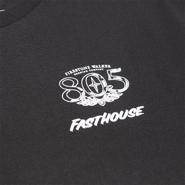 Professional studio photo of Fasthouse 805 Luster Tee; showing tee fit, printed graphics, and crew neckline; SKU 3610250504; Colors: Black, White