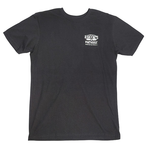 Studio photo on a white background of Fasthouse 805 Gravel Tee; showing tee fit, printed graphics, and crew neckline; SKU 3610260504; Sizes: S-3XL