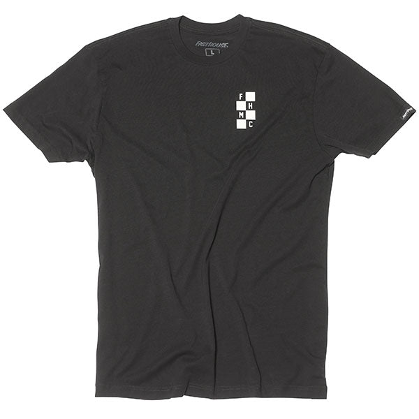 High-resolution studio image of Fasthouse Chalet Tee; showing tee fit, printed graphics, and crew neckline; SKU 3296240104; Colors: Maroon, Black