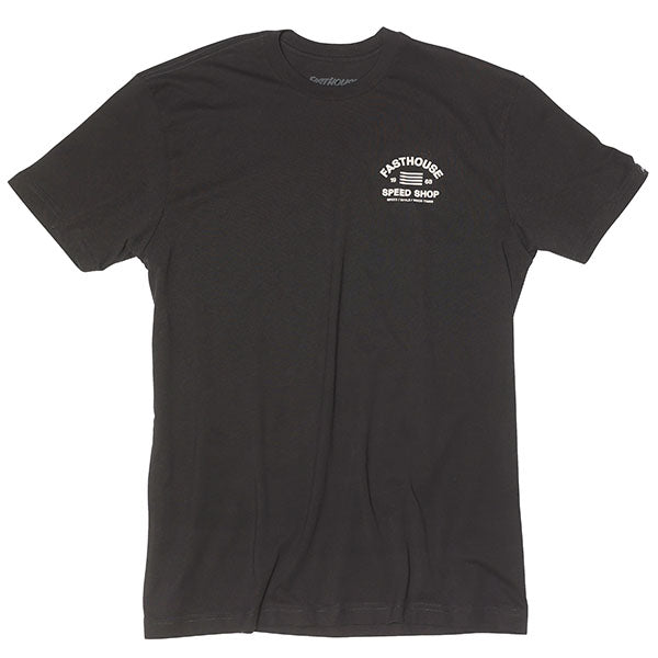 Studio photo on a white background of Fasthouse Cobalt Tee; showing tee fit, printed graphics, and crew neckline; SKU 3296139904; Colors: Natural, Black