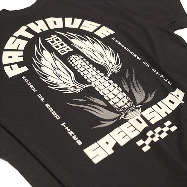 Clean studio shot of Fasthouse Iron Steed Tee; showing tee fit, printed graphics, and crew neckline; SKU 3296220504; Colors: Black, Vintage Gold