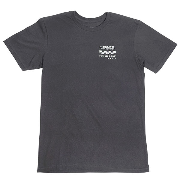 Clean studio shot of Fasthouse 805 Purpose Tee; showing tee fit, printed graphics, and crew neckline; SKU 3610230504; Colors: Black, Light Gray