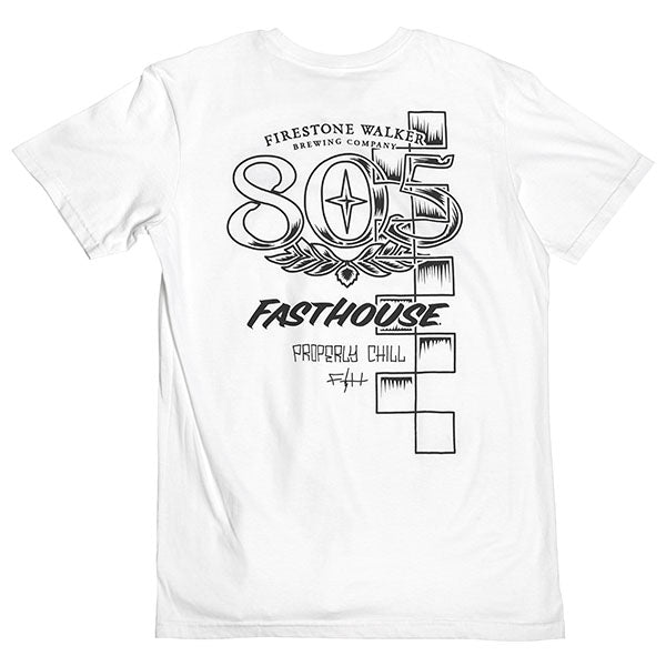 Studio photo on a white background of Fasthouse 805 Luster Tee; showing tee fit, printed graphics, and crew neckline; SKU 3610250504; Sizes: S-3XL