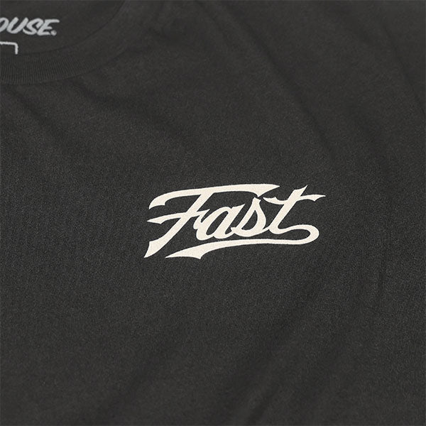 Professional studio photo of Fasthouse Carrera Tee; showing tee fit, printed graphics, and crew neckline; SKU 3296270404; Colors: SM, MD, LG, XL and more