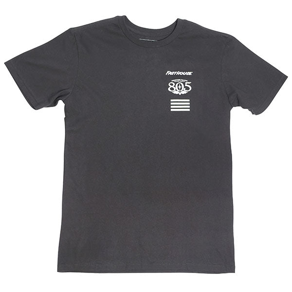 High-resolution studio image of Fasthouse 805 Crew Time Tee; showing tee fit, printed graphics, and crew neckline; SKU 3610270504; Colors: Black, White