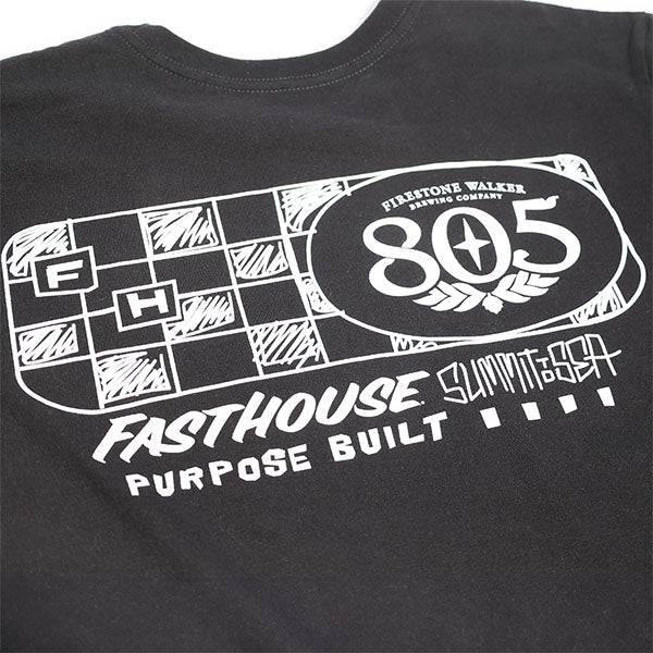 Crisp studio image on a white background of Fasthouse 805 Purpose Tee; showing tee fit, printed graphics, and crew neckline; SKU 3610230504; Sizes: S-3XL