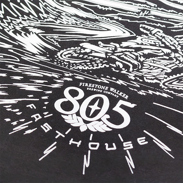 High-resolution studio image of Fasthouse 805 Desert Run Tee; showing tee fit, printed graphics, and crew neckline; SKU 3610240304; Colors: Sand, Black
