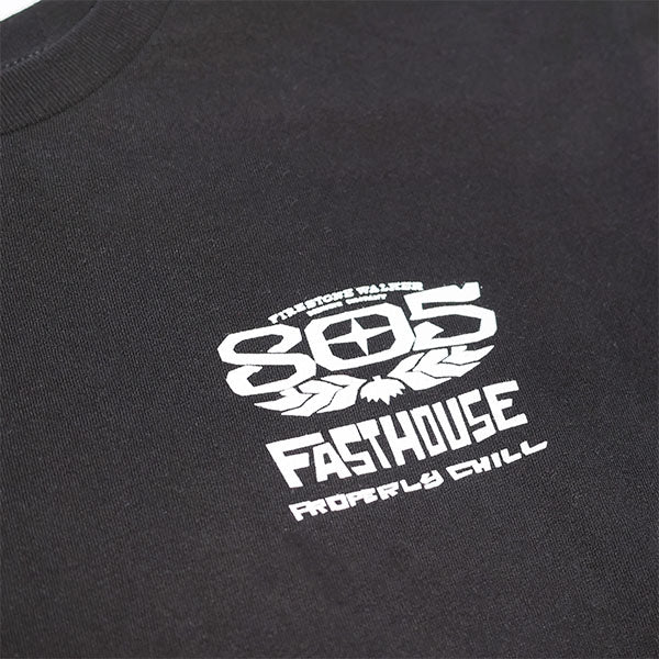 Studio photo on a white background of Fasthouse 805 Gravel Tee; showing tee fit, printed graphics, and crew neckline; SKU 3610260504; Sizes: S-3XL