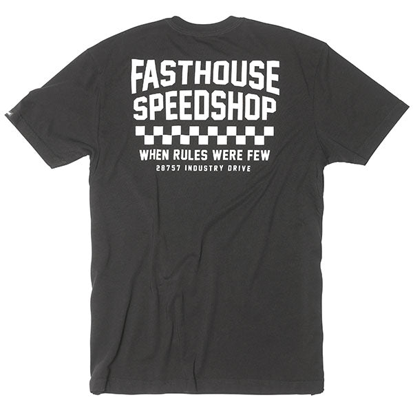 Studio photo on a white background of Fasthouse Chalet Tee; showing tee fit, printed graphics, and crew neckline; SKU 3296240104; Colors: Maroon, Black