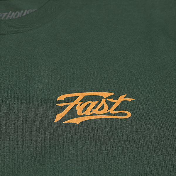 Clean studio shot of Fasthouse Carrera Tee; showing tee fit, printed graphics, and crew neckline; SKU 3296270404; Colors: SM, MD, LG, XL and more
