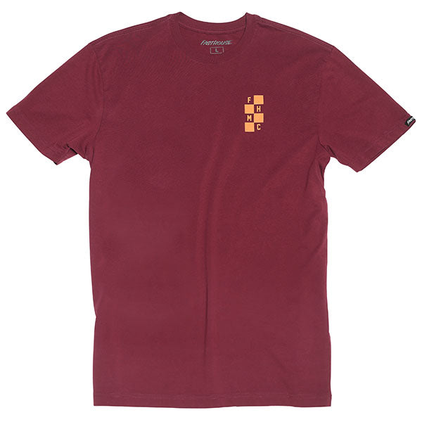 Clean studio shot of Fasthouse Chalet Tee; showing tee fit, printed graphics, and crew neckline; SKU 3296240104; Colors: Maroon, Black; Sizes: S-3XL