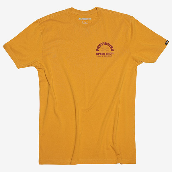 High-resolution studio image of Fasthouse Iron Steed Tee; showing tee fit, printed graphics, and crew neckline; SKU 3296220504; Sizes: S-3XL