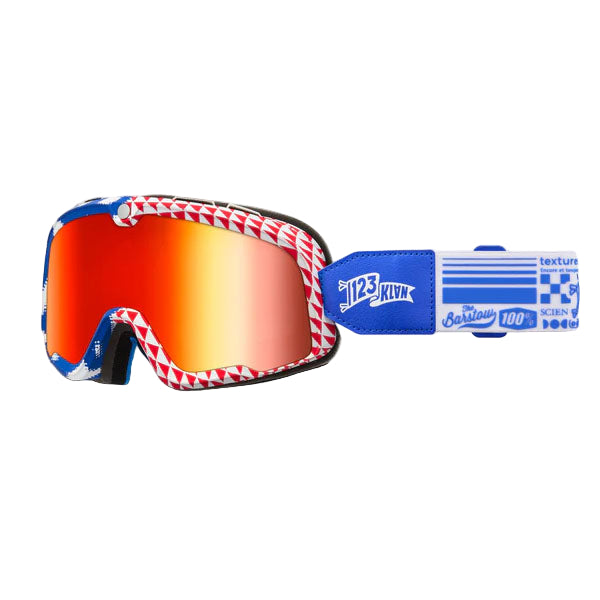Studio photo of 100%, Barstow Goggle, Goggles, SKU 5612207400, color options Race Service, Mirror Silver Lens, The Arsenale, Smoke Lens, Death Spray, Mirror Blue Lens, El Solitario, Smoke Lens, Vahna, Mirror Blue Lens, Erban, Mirror Dark Red Lens, Malibu, Smoke Lens, Jane Motorcycles, Mirror True Gold Lens and more