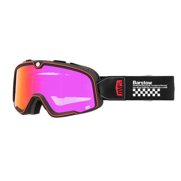 Catalog studio image of 100%, Barstow Goggle, Goggles, SKU 5612207100, color options Race Service, Mirror Silver Lens, The Arsenale, Smoke Lens, Death Spray, Mirror Blue Lens, El Solitario, Smoke Lens, Vahna, Mirror Blue Lens, Erban, Mirror Dark Red Lens, Malibu, Smoke Lens, Jane Motorcycles, Mirror True Gold Lens and more