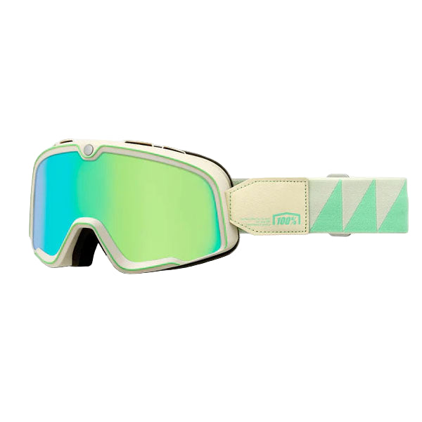 Studio image on a white background of 100%, Barstow Goggle, Goggles, SKU 5612207300, color options Race Service, Mirror Silver Lens, The Arsenale, Smoke Lens, Death Spray, Mirror Blue Lens, El Solitario, Smoke Lens, Vahna, Mirror Blue Lens, Erban, Mirror Dark Red Lens, Malibu, Smoke Lens, Jane Motorcycles, Mirror True Gold Lens and more