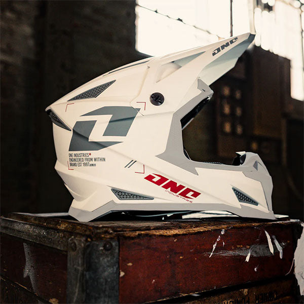 One Industries X-297 Focus Helmet, motocross/off-road helmet, detail view, color options: 2X, LG, MD, SM, XL, XS, sizes: Black/White, Electric Blue, Electric Red, Stone Gray, Weston Sand, White/Gray