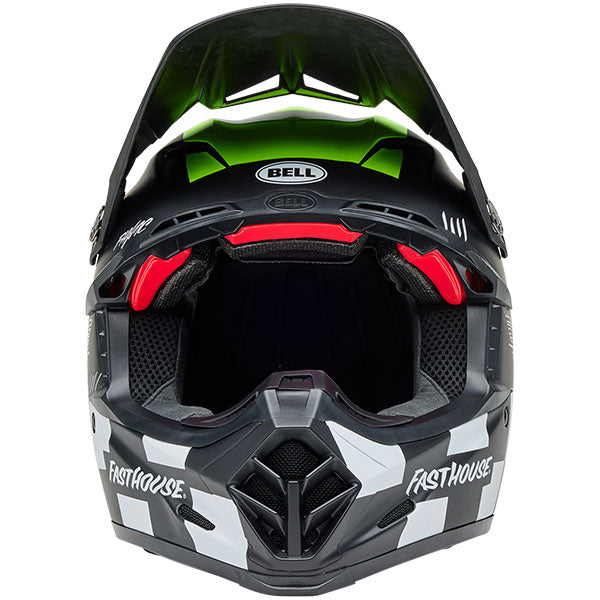 motorcycle helmet, front view, showing aerodynamic shell design, ventilation ports, and secure retention system built for rider comfort and protection. SKU 07163799.
