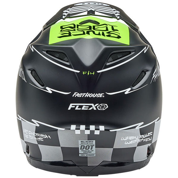motorcycle helmet, rear view, showing aerodynamic shell design, ventilation ports, and secure retention system built for rider comfort and protection