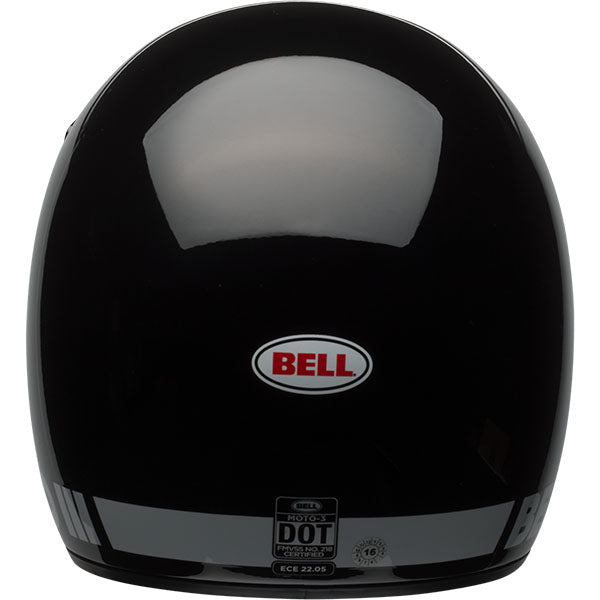motorcycle helmet, rear view, showing aerodynamic shell design, ventilation ports, and secure retention system built for rider comfort and protection