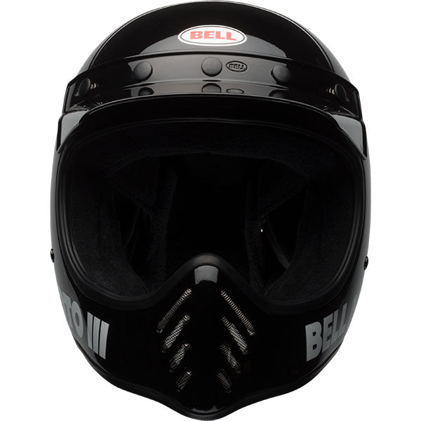 motorcycle helmet, front view, showing aerodynamic shell design, ventilation ports, and secure retention system built for rider comfort and protection