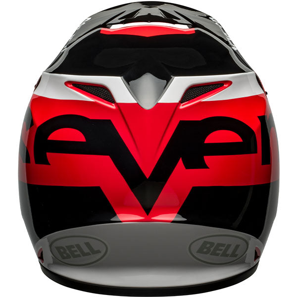 motorcycle helmet, rear view, showing aerodynamic shell design, ventilation ports, and secure retention system built for rider comfort and protection