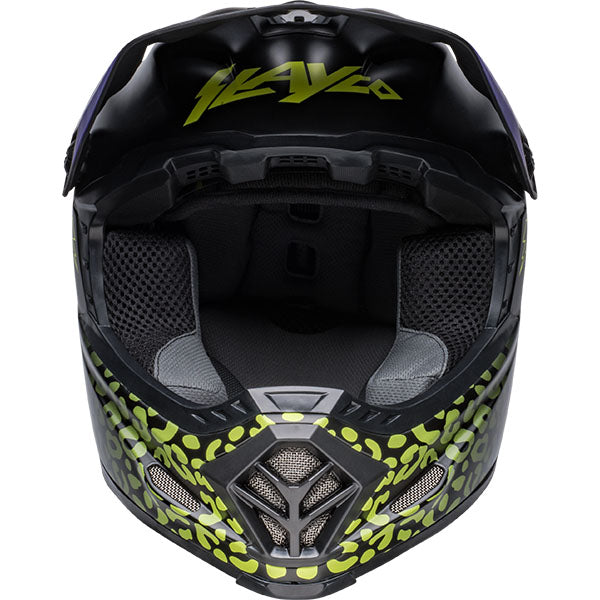 motorcycle helmet, front view, showing aerodynamic shell design, ventilation ports, and secure retention system built for rider comfort and protection