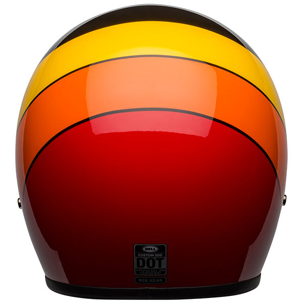 motorcycle helmet, rear view, showing aerodynamic shell design, ventilation ports, and secure retention system built for rider comfort and protection