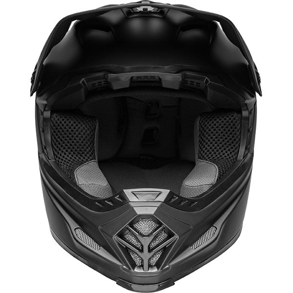 motorcycle helmet, front view, showing aerodynamic shell design, ventilation ports, and secure retention system built for rider comfort and protection. SKU 07136429.