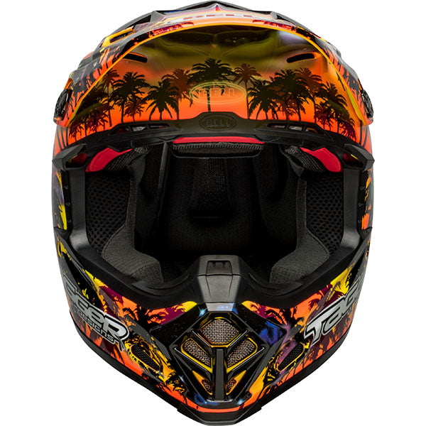 motorcycle helmet, front view, showing aerodynamic shell design, ventilation ports, and secure retention system built for rider comfort and protection