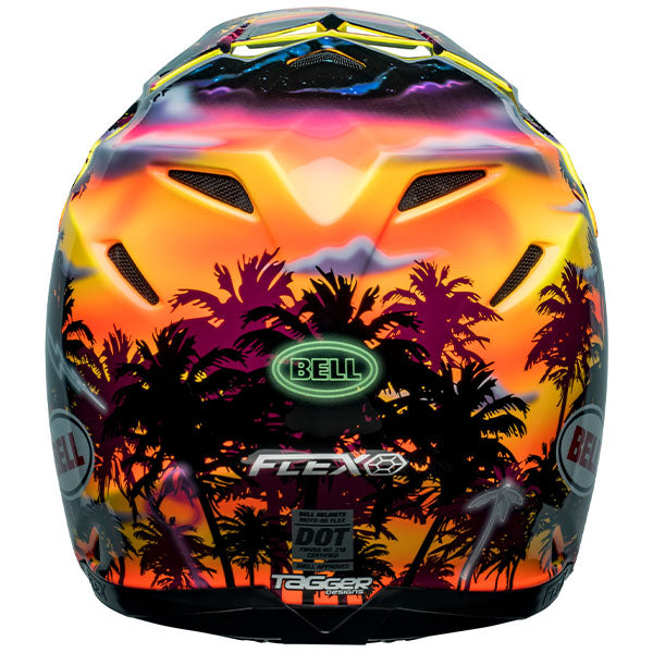 motorcycle helmet, rear view, showing aerodynamic shell design, ventilation ports, and secure retention system built for rider comfort and protection