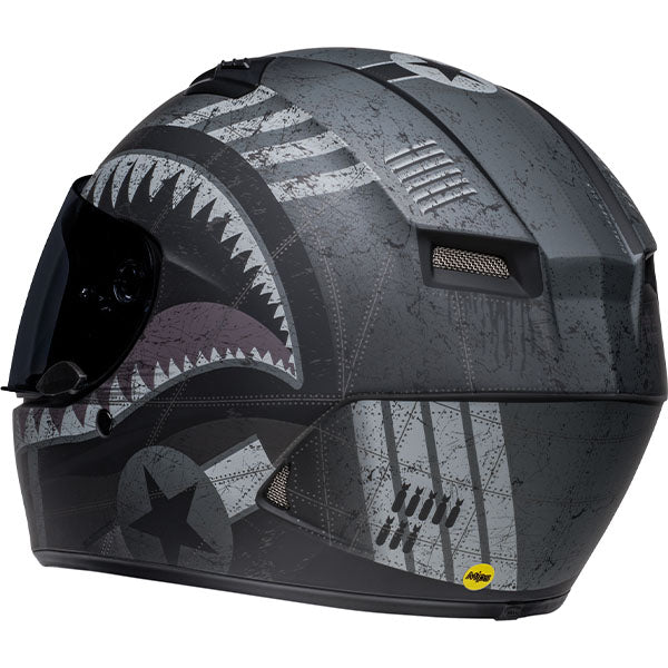 motorcycle helmet, rear view, showing aerodynamic shell design, ventilation ports, and secure retention system built for rider comfort and protection