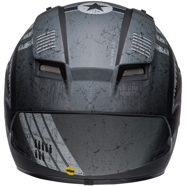 motorcycle helmet, rear view, showing aerodynamic shell design, ventilation ports, and secure retention system built for rider comfort and protection. SKU 07137114.