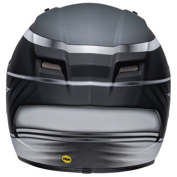motorcycle helmet, rear view, showing aerodynamic shell design, ventilation ports, and secure retention system built for rider comfort and protection. SKU 07141843.