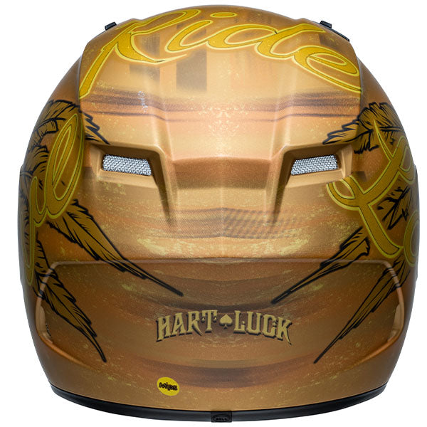 motorcycle helmet, rear view, showing aerodynamic shell design, ventilation ports, and secure retention system built for rider comfort and protection