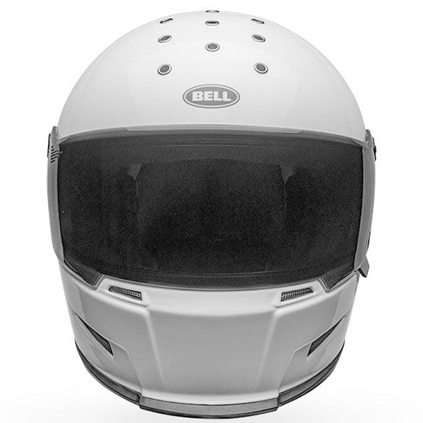 motorcycle helmet, front view, showing aerodynamic shell design, ventilation ports, and secure retention system built for rider comfort and protection