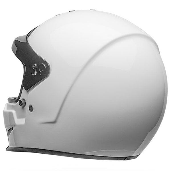 motorcycle helmet, rear view, showing aerodynamic shell design, ventilation ports, and secure retention system built for rider comfort and protection