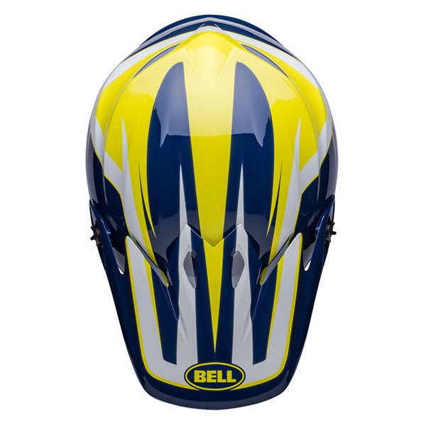 motorcycle helmet, top view, showing aerodynamic shell design, ventilation ports, and secure retention system built for rider comfort and protection
