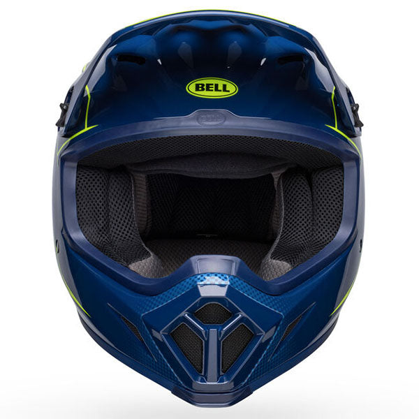 motorcycle helmet, front view, showing aerodynamic shell design, ventilation ports, and secure retention system built for rider comfort and protection