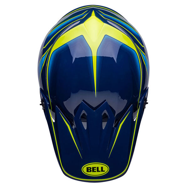 motorcycle helmet, top view, showing aerodynamic shell design, ventilation ports, and secure retention system built for rider comfort and protection