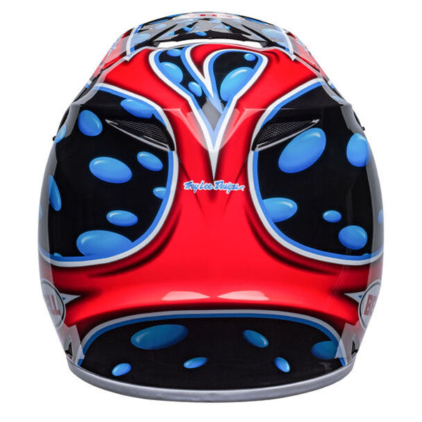 motorcycle helmet, rear view, showing aerodynamic shell design, ventilation ports, and secure retention system built for rider comfort and protection